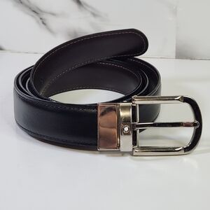 Montblanc Black Leather Belt Reversible with Silver-Tone Buckle